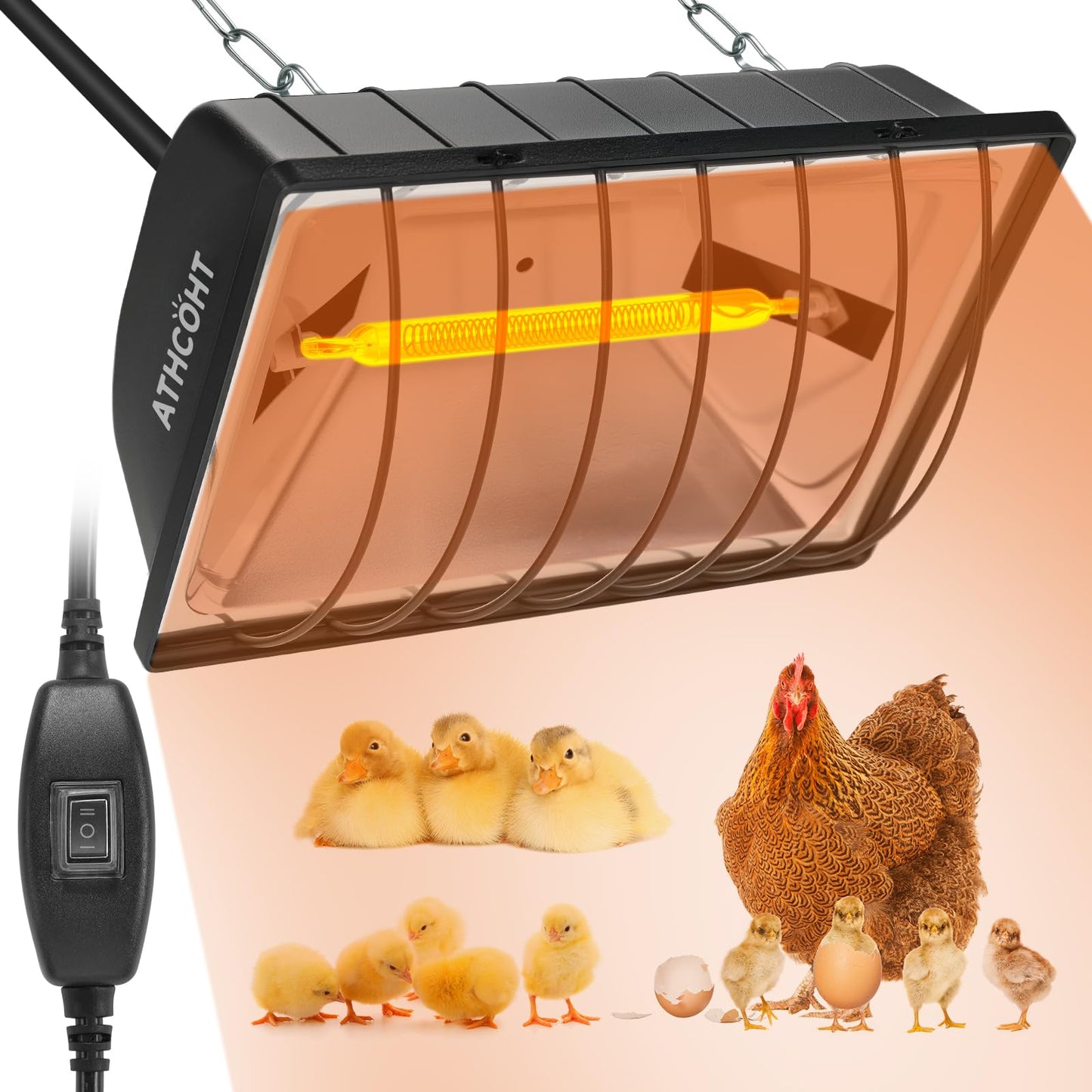 Chicken Coop Heating Lamp, Carbon Fiber Heat Lamp with 175W and 250W Bulbs, Brooder Heater with Guard, Ideal for Poultry, Livestock & Small Pets