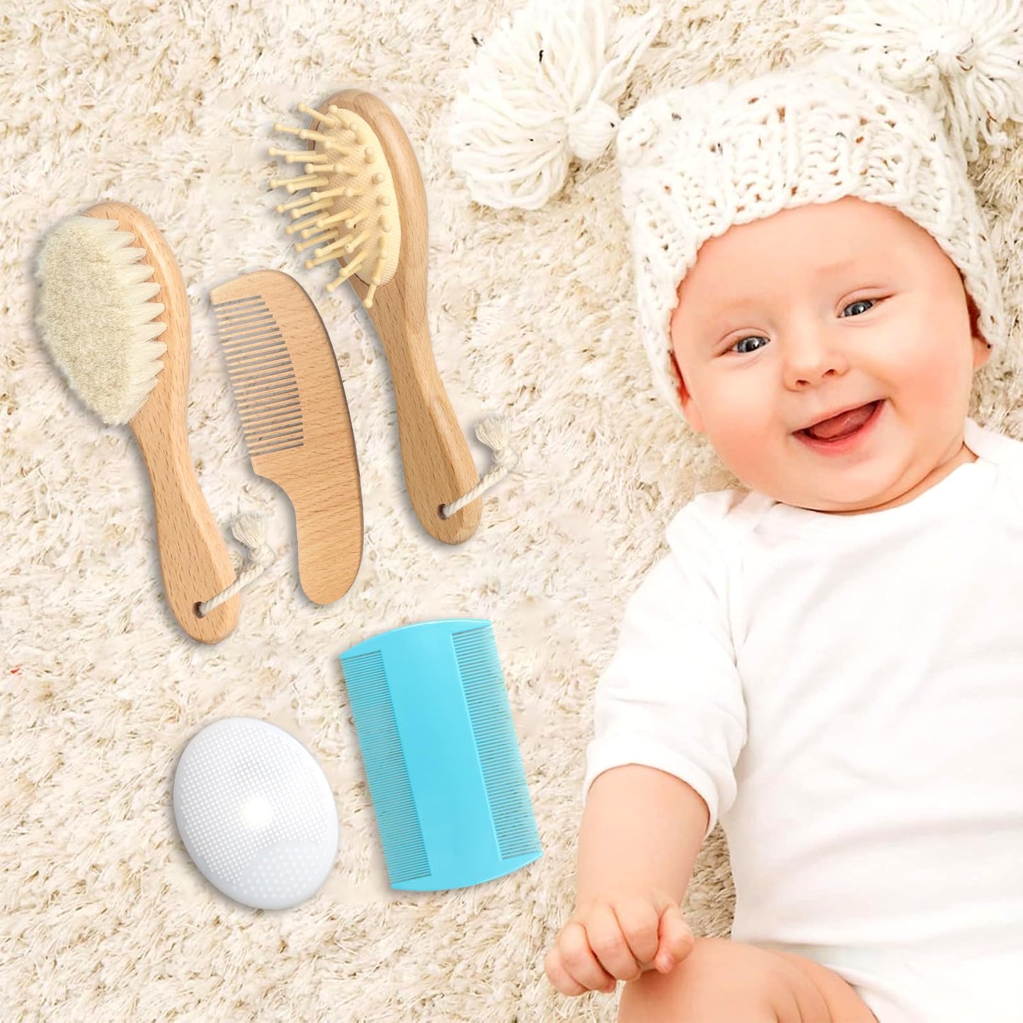 Esonto Baby Hair Care Kit, 5 in 1 Wooden Natural Goat Bristles Brush Cradle Cap Comb Baby Grooming Kit for Newborns Toddlers Boys Girls Gift