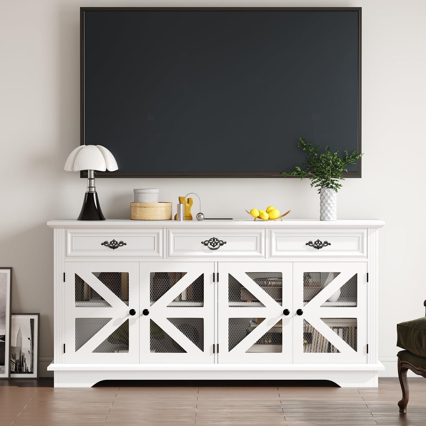 63" Farmhouse Buffet Cabinet with Storage, Sideboard Cabinet with Adjustable Shelves, Charging Station, 3 Drawers & 4 Mesh Barn Doors, Large Coffee Bar Accent Credenza for Dining Living Room- White
