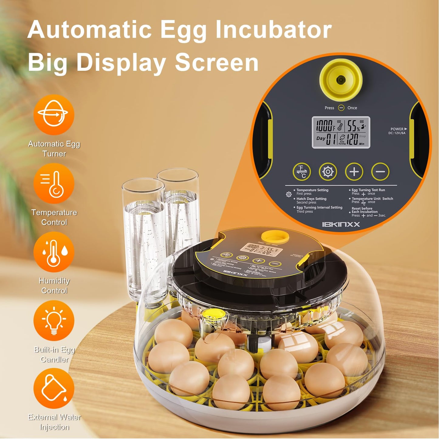 IBKINXX Incubator for Hatching Eggs-18 Egg Capacity, Automatic Egg Turner, Temperature & Humidity Control, 360° Viewing for Chicken, Duck and Quail Eggs