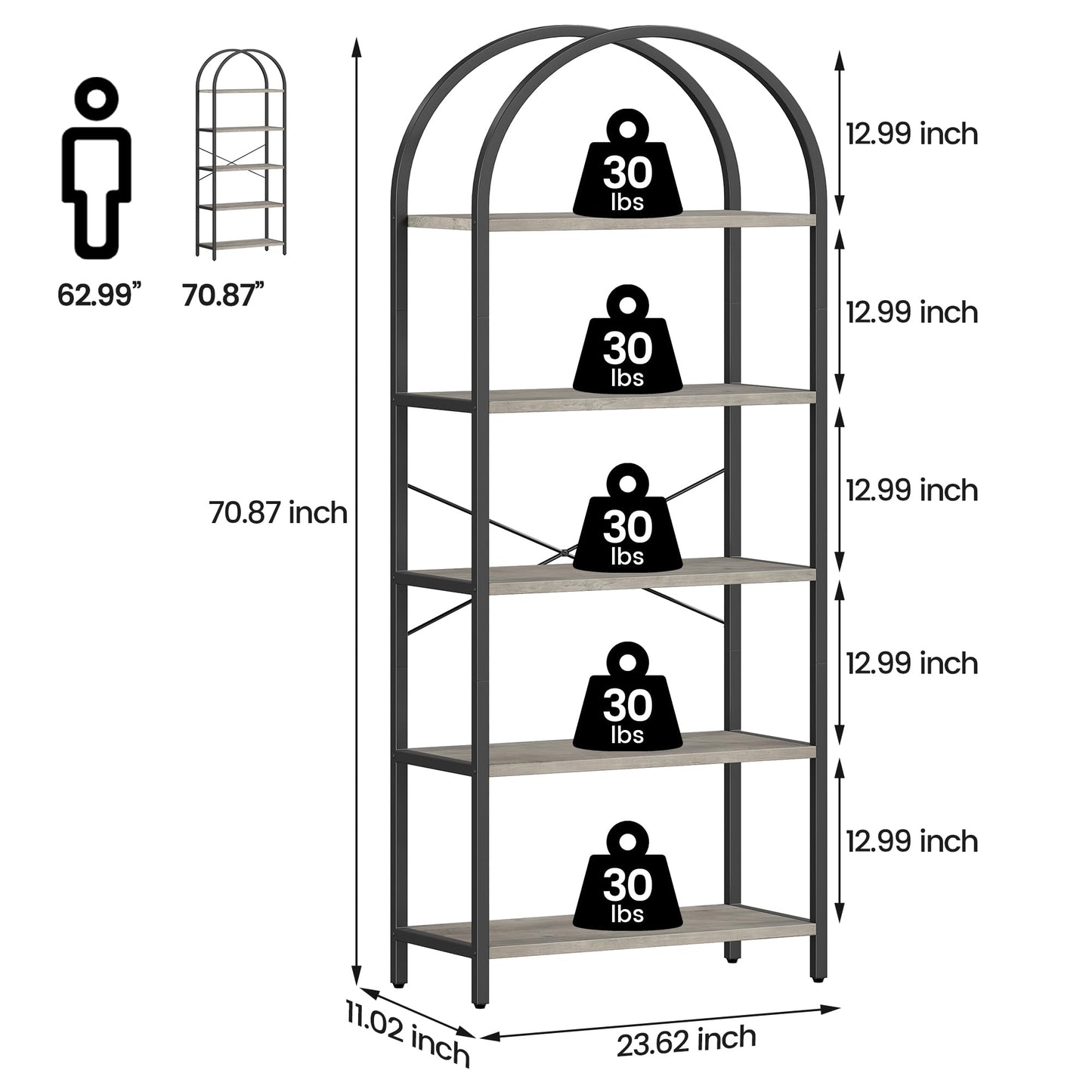 IDEALHOUSE Bookshelf 5 Tier Bookcase Arched Display Racks Tall Standing Bookshelves Metal Frame Modern Storage Rack Shelf Large Wood Book Shelf for Bedroom, Living Room, Home Office
