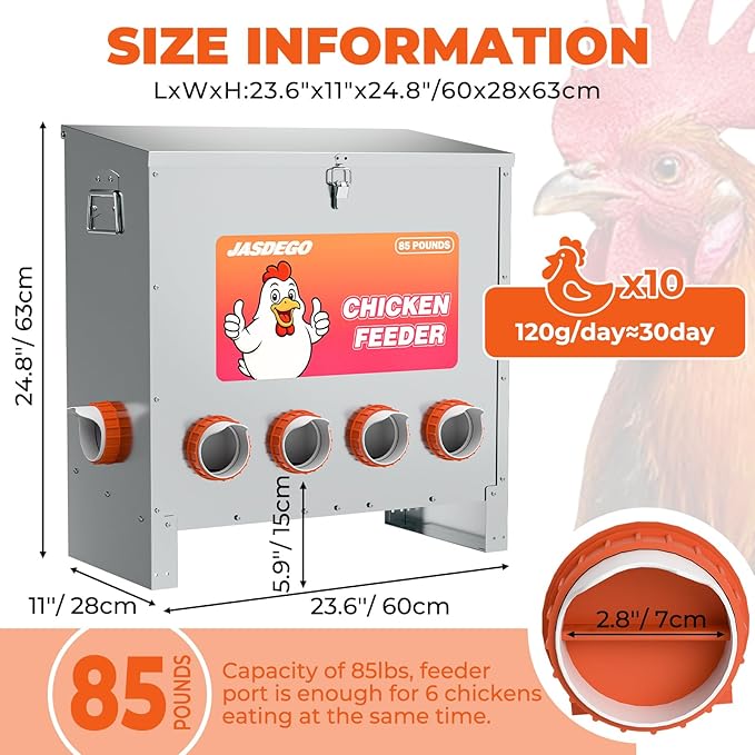 6 Ports Automatic Chicken Feeder 85 Pounds Large Gravity Fed Chicken Feeder with Latch & Handle for Chickens Bantams Pheasants Poultry Coop Weatherproof