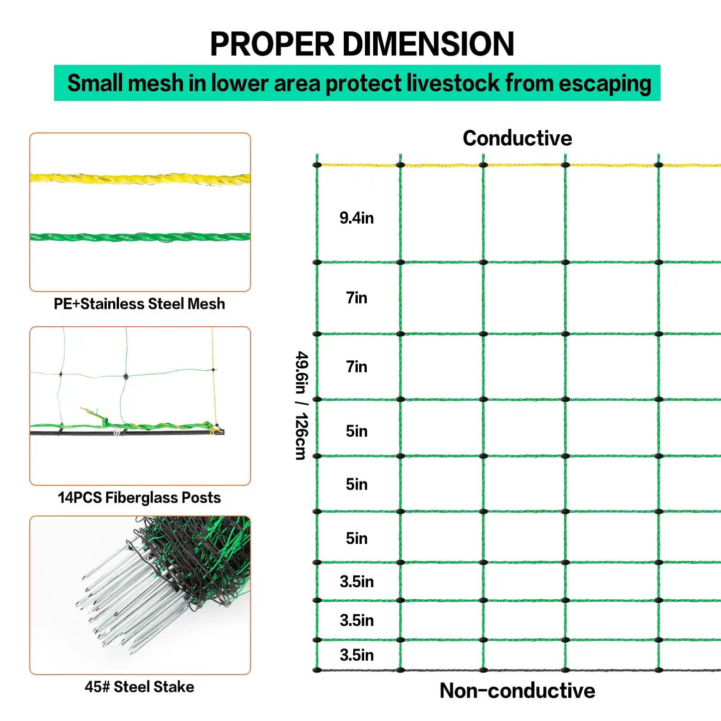 Electric Fence Netting, 49.6" H x 164' L, PE Net Fencing Kit with 14 Posts Double Spiked, Utility Portable Mesh for Sheep Hogs Goats Deer Dogs Lambs Used in Backyards Patio Farms Ranches, Green