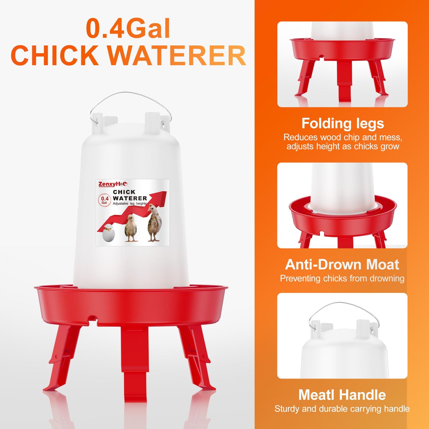 ZenxyHoC Chick Feeder and Waterer Set, Top Fill 0.4 Gal Feeder and 0.4 Gal Waterer with Scoop and 3 Adjustable Heights Legs Red