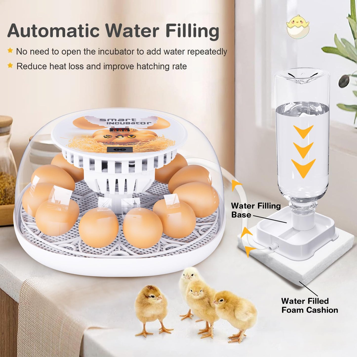 Incubators for Hatching Eggs, 12 Egg Incubator with Automatic Turning and Temperature Control, Automatic Water Adding, LED Egg Candler, for Hatching Chickens, Duck, Quail, Goose Eggs