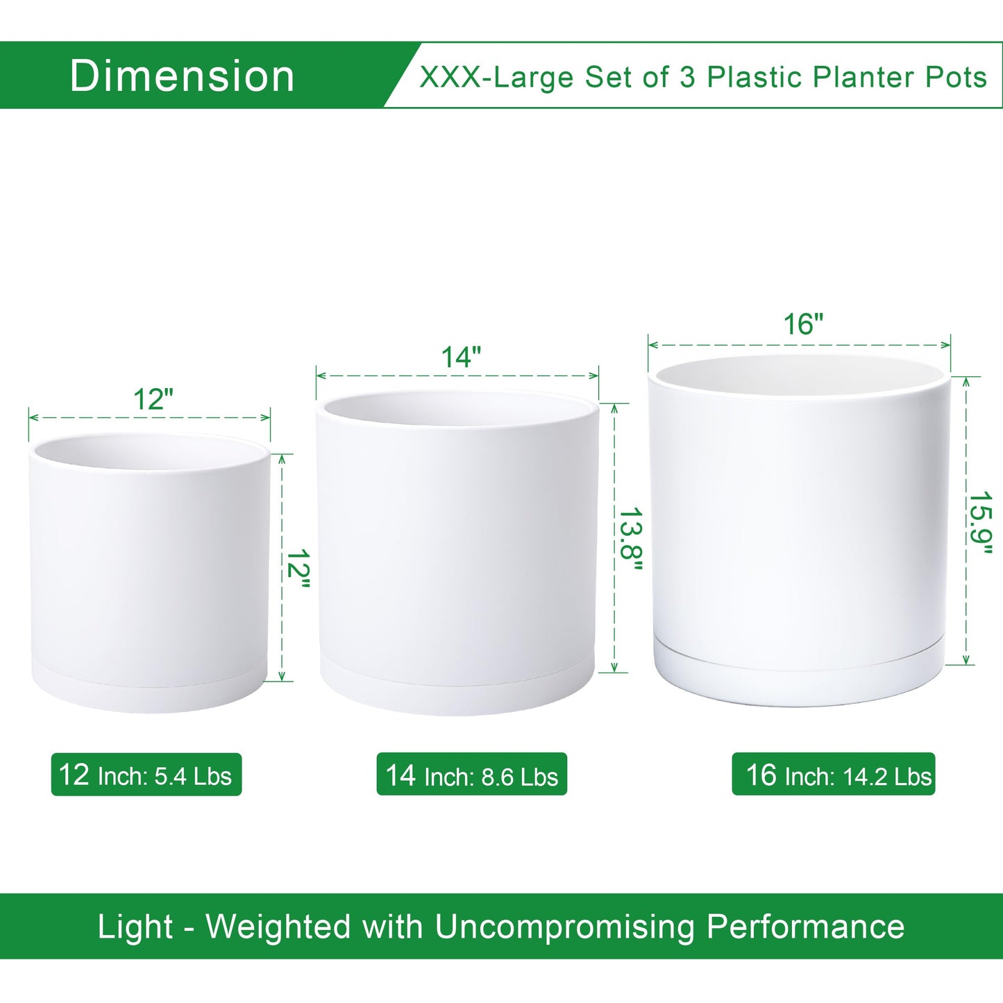 D'vine Dev 12 Inch 14 Inch 16 Inch, Set of 3 Plastic Planter Pots for Plants with Drainage Hole and Seamless Saucers, White Color, XXX-Large, 74-V-A-7