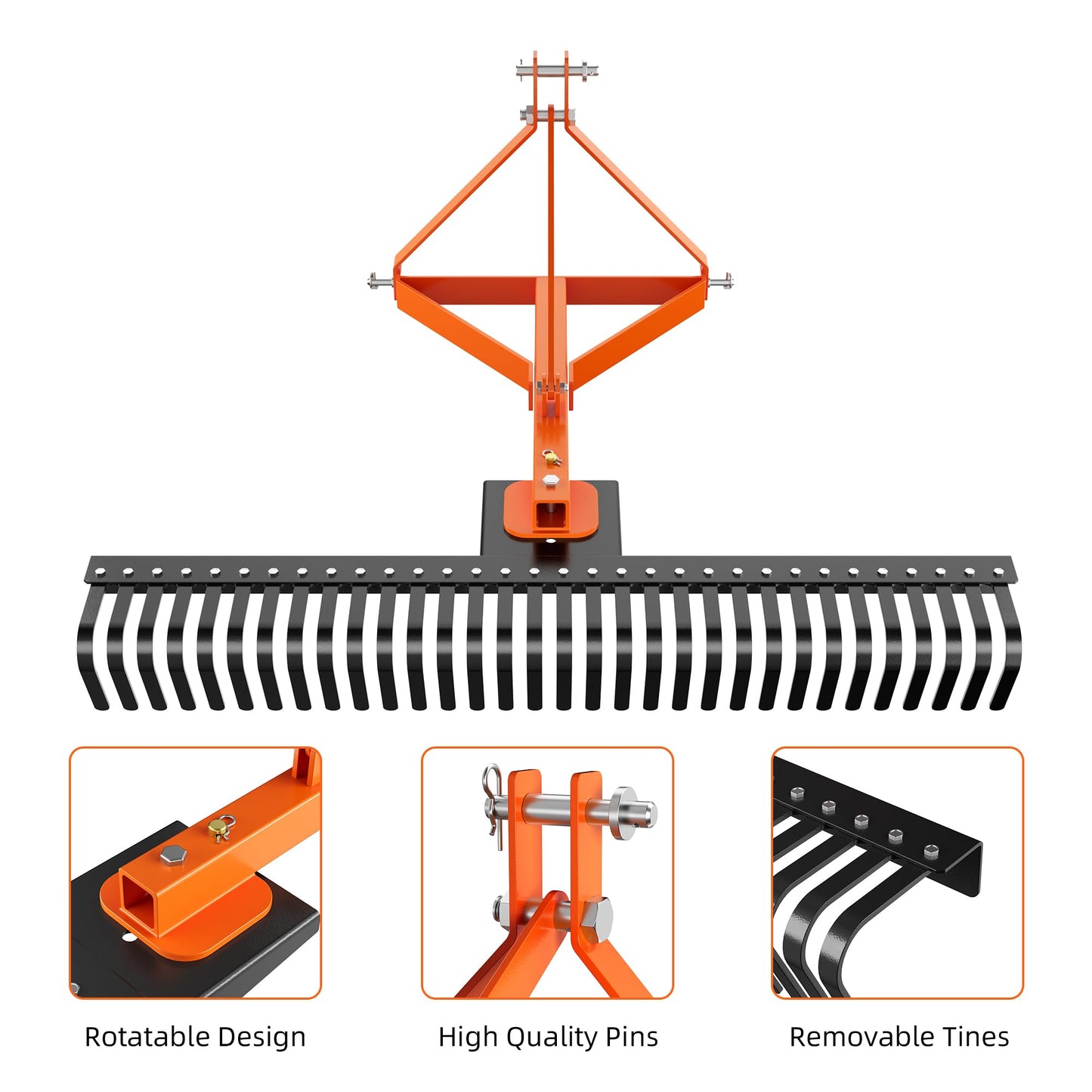 COZONY 3 Point 5FT Landscape Rake, 360 Degree Rotation 60" Rock Rake Fits for Category 1 Hookup, Tow-Behind Garden Tool, Orange