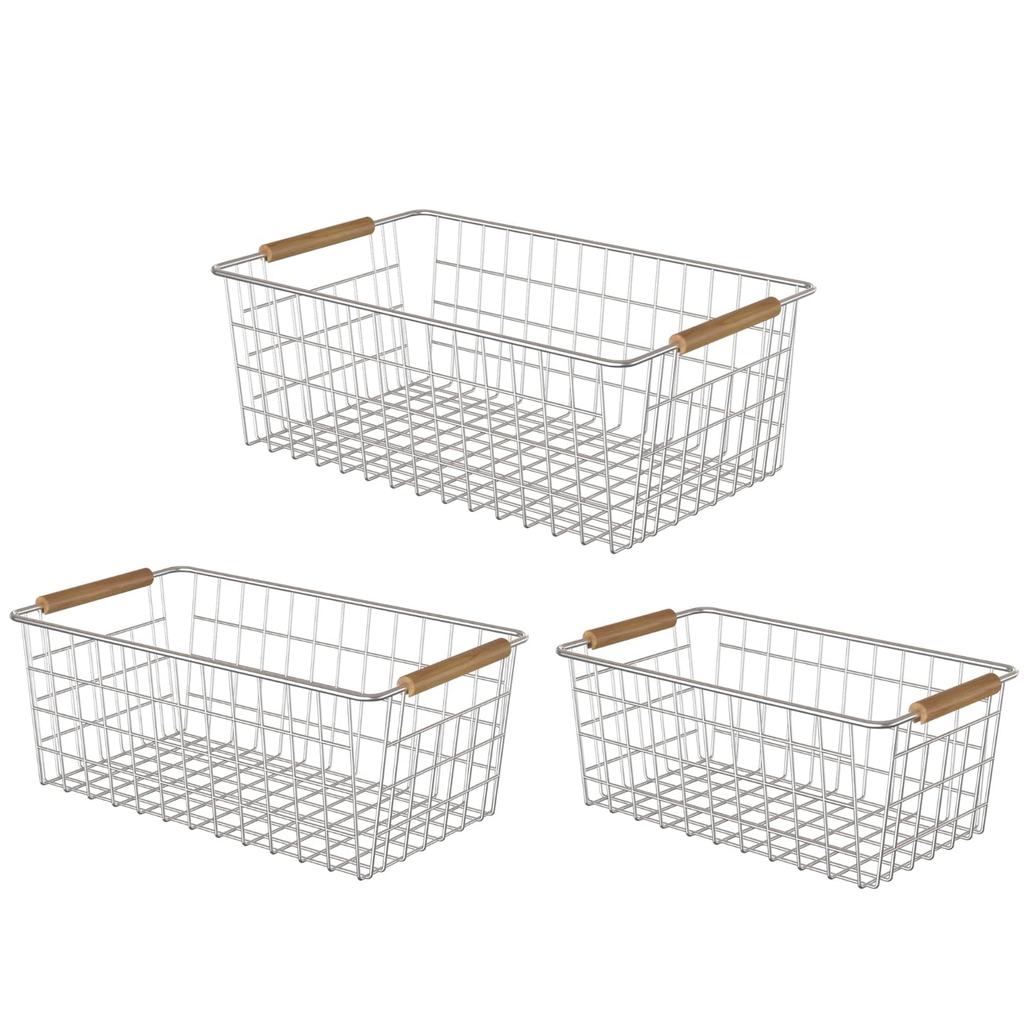 YOUVIP 3 Pack Wire Storage Baskets for Organizing,Household Pantry Storage Freezer Baskets with Wooden Handles,Metal Storage Baskets for Bathroom, Laundry, Garage，Sliver