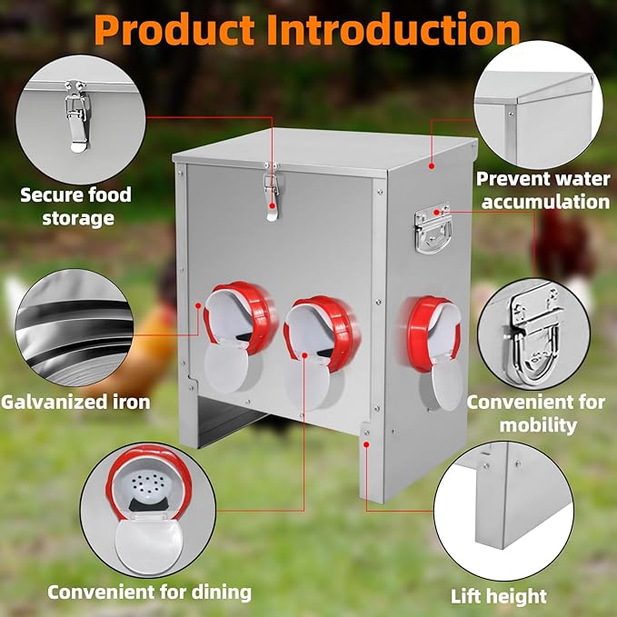 Automatic Poultry Chicken Feeder No Waste Metal Large Capacity 30 lbs Feeders for Chickens Ducks, Geese Bantams Pheasants Coop Weatherproof (6-Port)