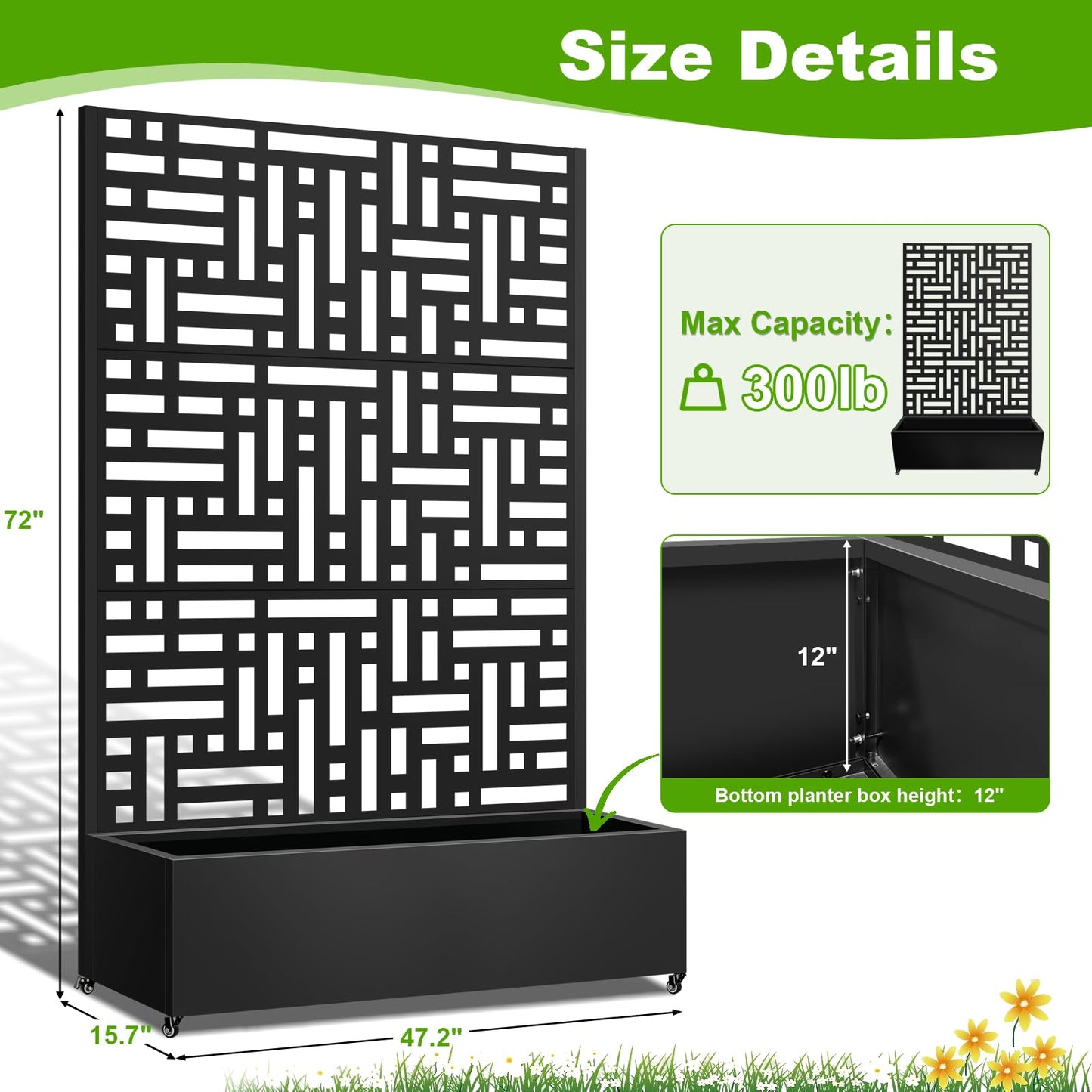 Meyoppm Metal Planter Box with Trellis, 72"x47"x16" Metal Raised Garden Bed with Trellis, Trellis Planter Box with Drainage Holes & Lockable Casters for Climbing Plants, Vegetables, and Vines