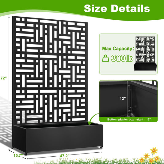 Meyoppm Metal Planter Box with Trellis, 72"x47"x16" Metal Raised Garden Bed with Trellis, Trellis Planter Box with Drainage Holes & Lockable Casters for Climbing Plants, Vegetables, and Vines