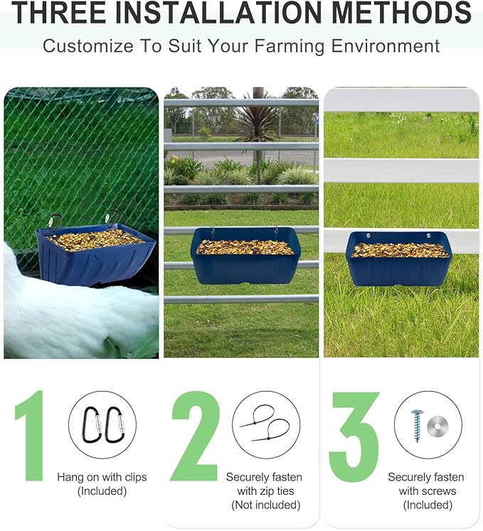 Chicken Feeders, 3 Pack, Duck Feeders and Waterers, Hanging Poultry Water Feeder, Livestock Fence Feeder, Feed Trough and Waterer Bucket with Clips, Blue