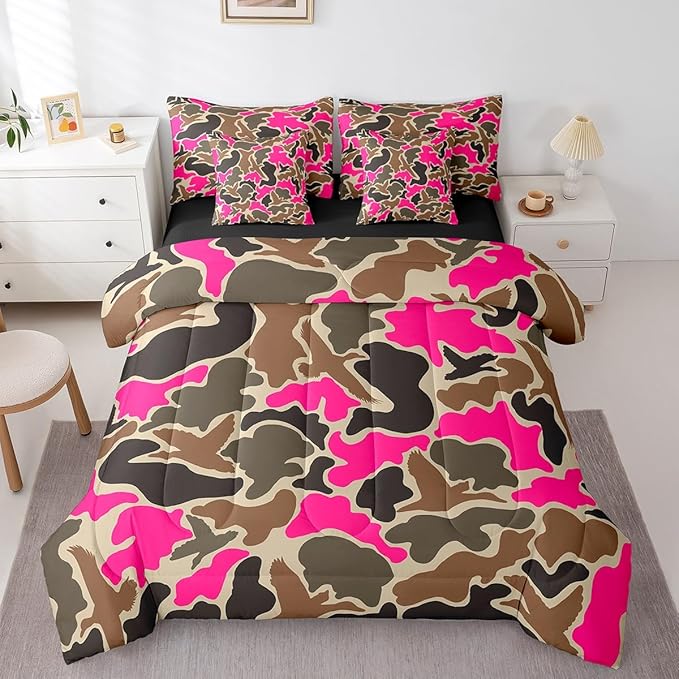 Feelyou Duck Hunter Hot Pink Camouflage Hunting 7 Pieces Bedding Set, King Size Black Brown All Season,Bed in a Bag with Comforter, Sheets, Pillowcases Camo Army Bed Set Breathable Wild Room Decor