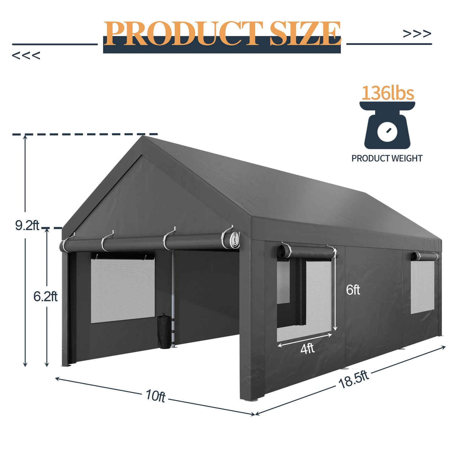Shintenchi Carport 10' x 20' Heavy Duty Portable Garage, Carport Canopy with Side-Opening Door & Roll-Up Windows, Car Canopy for Truck,Car,Boat,Grey