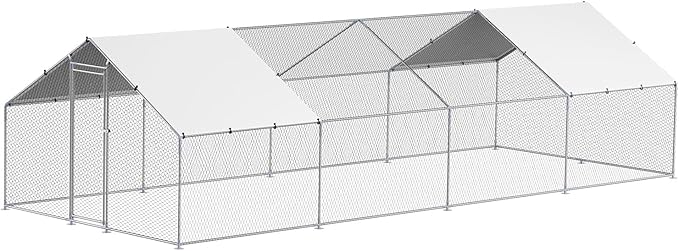 VEVOR Large Metal Chicken Coop with Run, 9.8x26.5x6.5 ft Walk-in Chicken Runs for Yard with Cover, Spire Roof Hen House with Security Lock for Outdoor and Backyard, Farm, Duck Rabbit Cage Poultry Pen