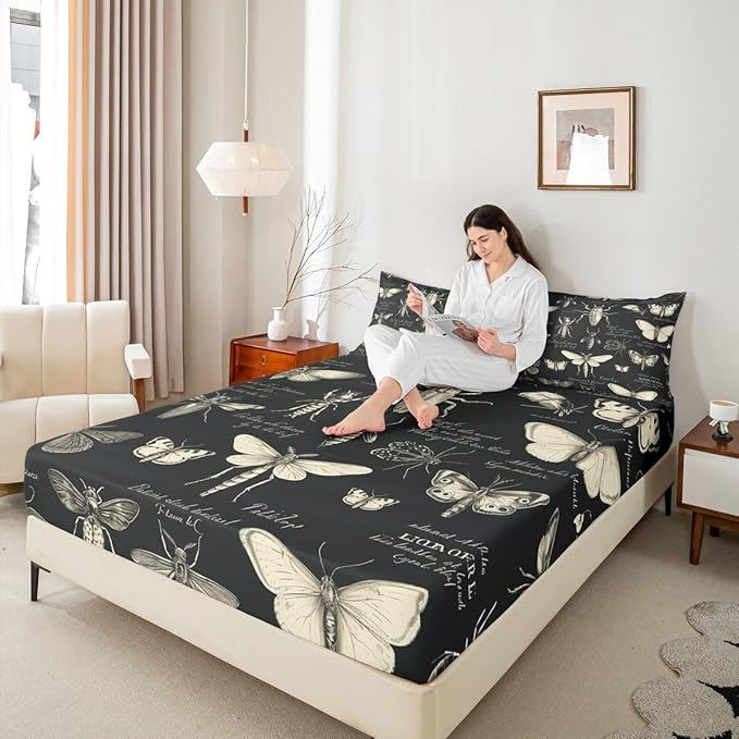 Butterfly Moth Insects Fitted Sheet Queen Size,Bug Beetles Entomological Bed Sheet for Kids Boys Teens Men Bedroom Decor,Nature Animal Bedding Set Retro Black Brown Deep Pocket Sheet,2 Pillowcases