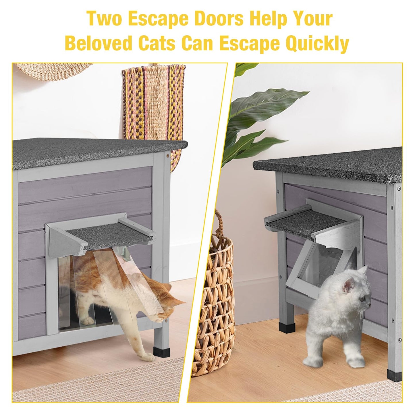 Aivituvin Outdoor Cat House，Double Rooms Waterproof Outside Feral Cat Shelter for Winter 100% Wood