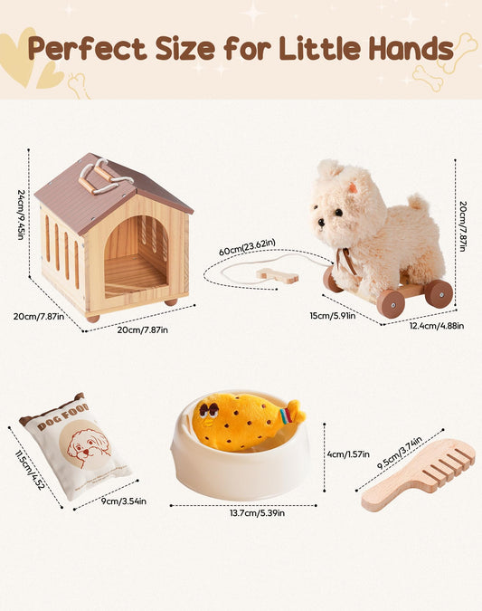 ROBOTIME Pull Dog Toy for Toddlers, Puppy Pet Care Pretend Play Set with Stuffed Animal, Dog House & Accessories, Walking Pull Along Toy, Educational Plush Gift for Boys and Girls