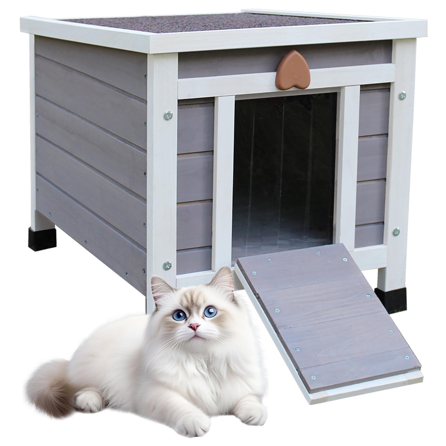 Rockever Outdoor Cat House,Outdoor cat Houses for Feral Cats Weatherproof Rabbit Hutch Small, Wooden Small Pet House and Habitats-Grey