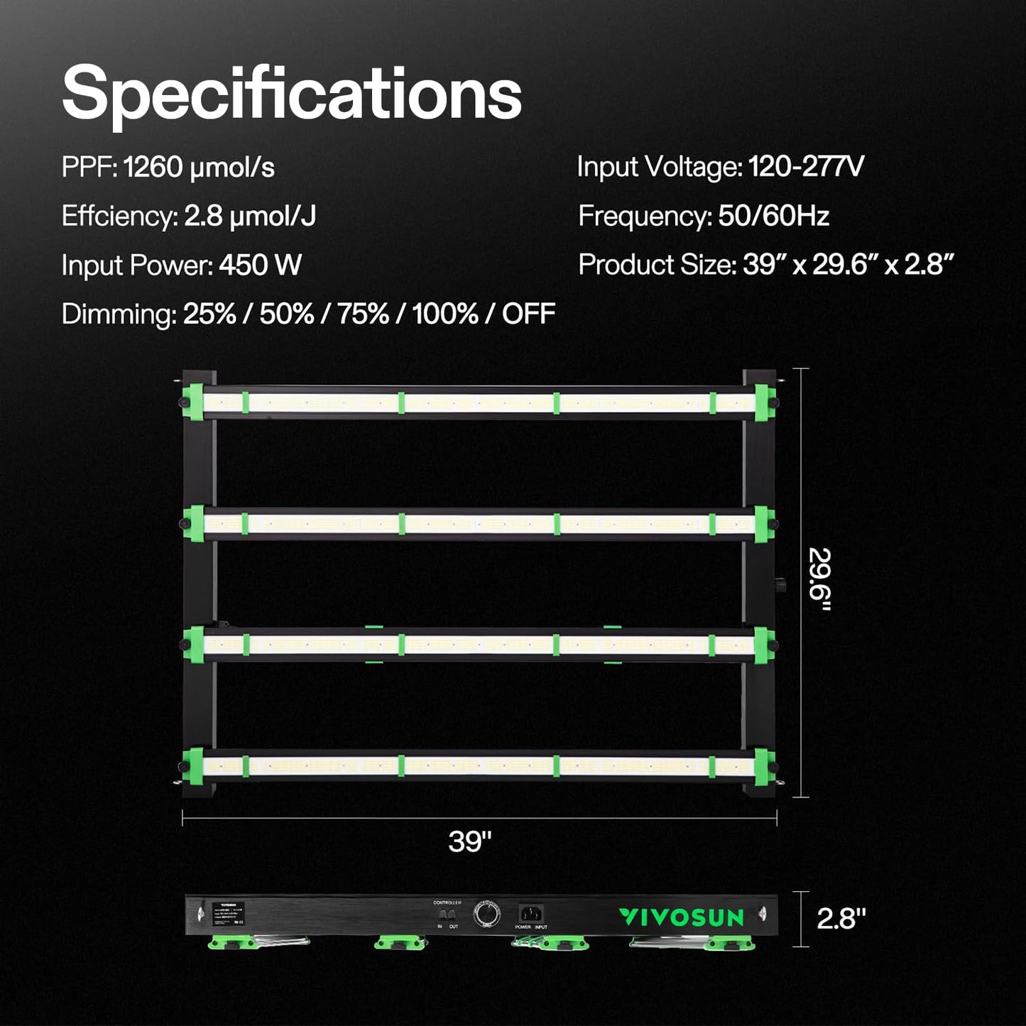 VIVOSUN Patented Design VSFD4500 LED Grow Light, 450W Removable Dimmable Plant Grow Light with 6 Dimming Option - Full Spectrum and UR/IR Light for Indoor Plants