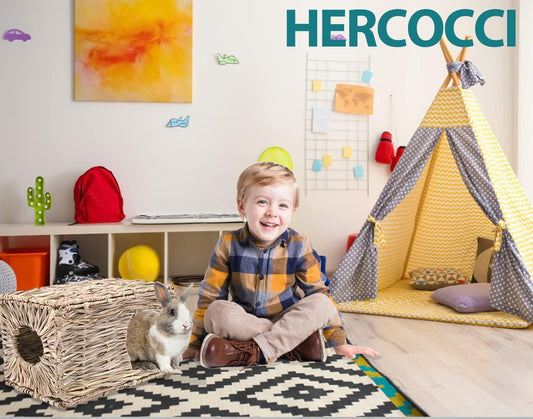 HERCOCCI Extra Large Grass House for Rabbit, Foldable & Comfortable - Small Animal Hut Play Hideaway Bed Hay Mat Chew Toy for Bunny Guinea Pig Hamster Chinchilla (2 Pack)