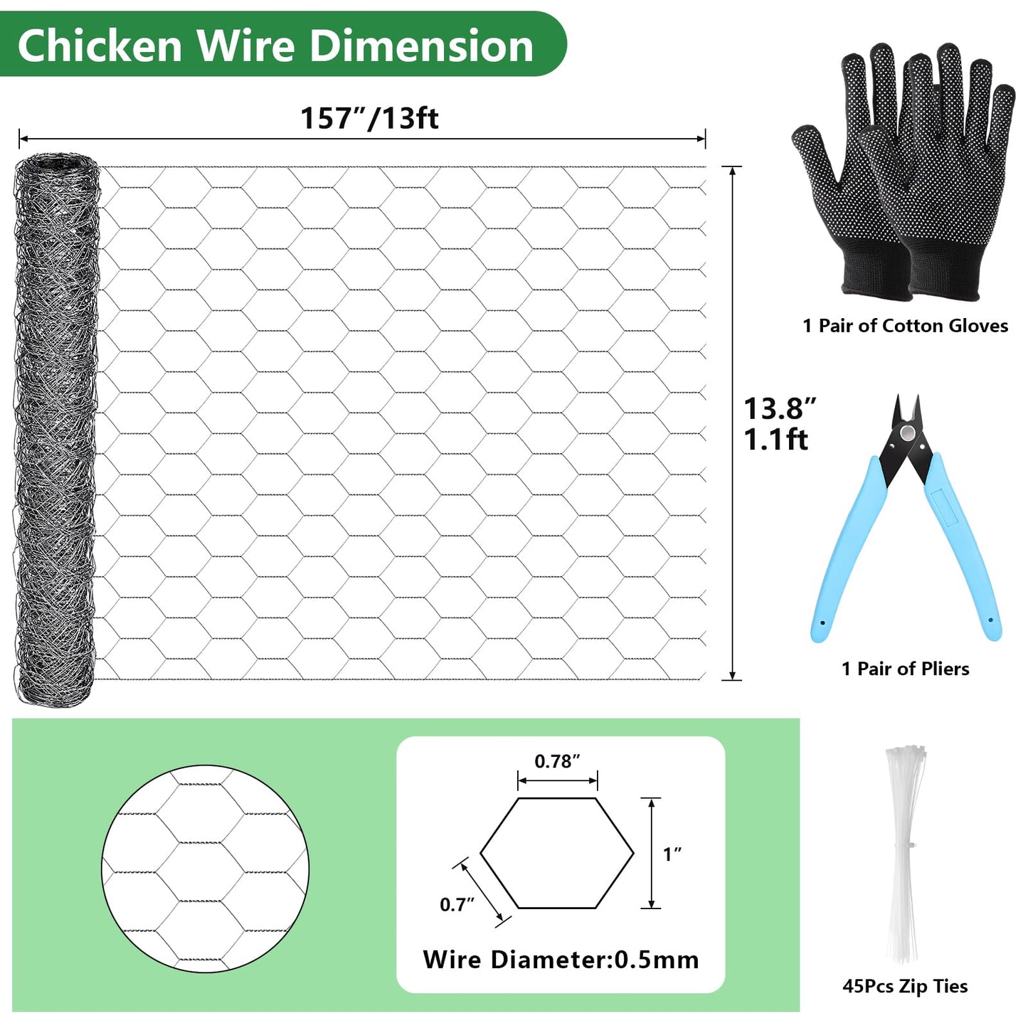 ROADPLUM Chicken Wire Mesh 13.8 x 157 in, Rustproof Galvanized Iron Garden Fence Barrier for Pet Rabbit Cat, Floral Chicken Wire Netting to Protect Poultry Plant Fruit