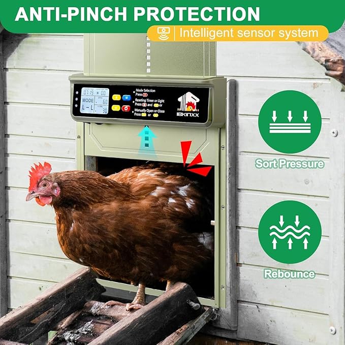 Automatic Chicken Coop Door Solar Powered with Timer, Light Sensor, Remote Control, LCD Display, Aluminum Alloy 4 Auto Modes Wide Chicken House Door, Anti-Pinch, Weatherproof, USB Backup, Green