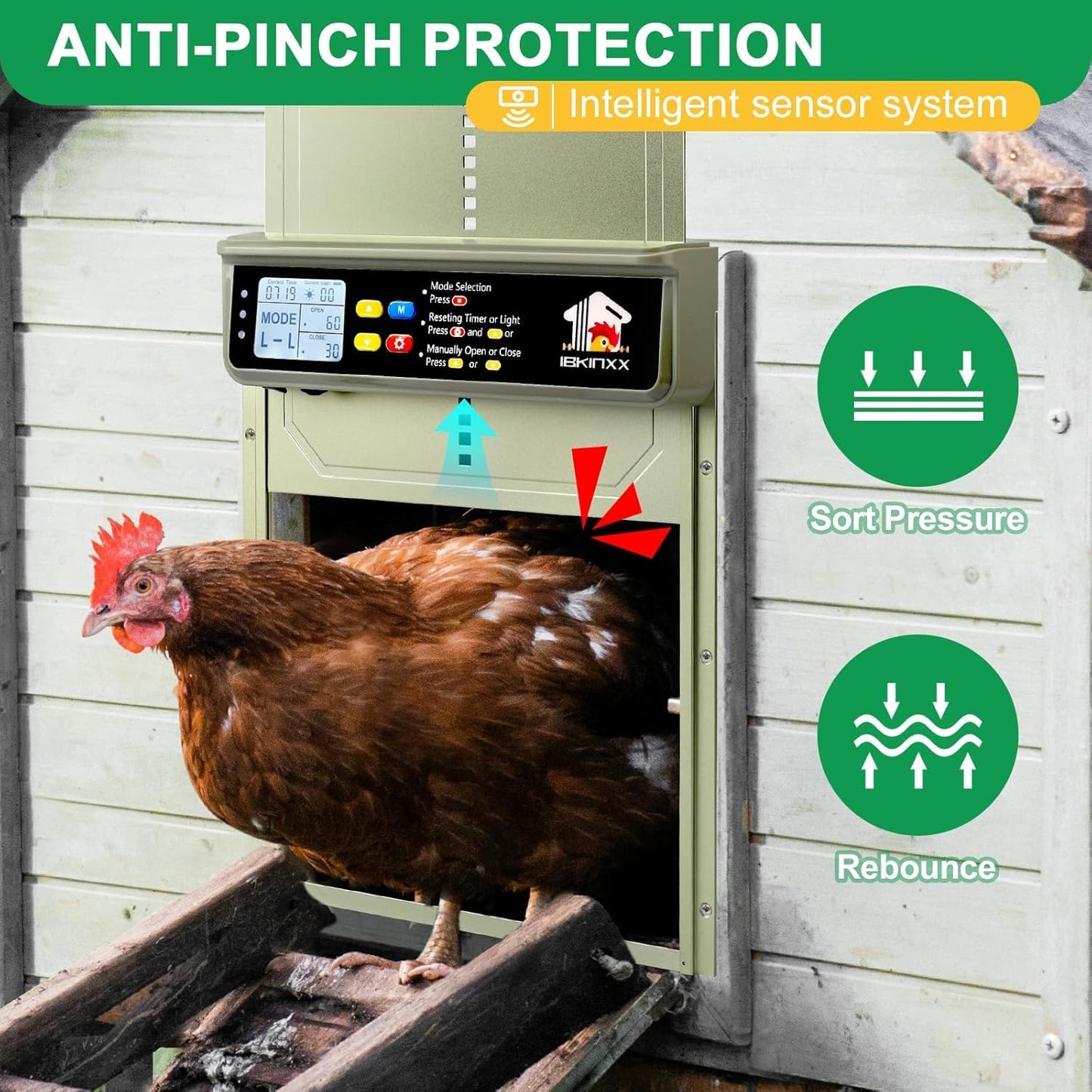 Automatic Chicken Coop Door Solar Powered with Timer, Light Sensor, Remote Control, LCD Display, Aluminum Alloy 4 Auto Modes Wide Chicken House Door, Anti-Pinch, Weatherproof, USB Backup, Green