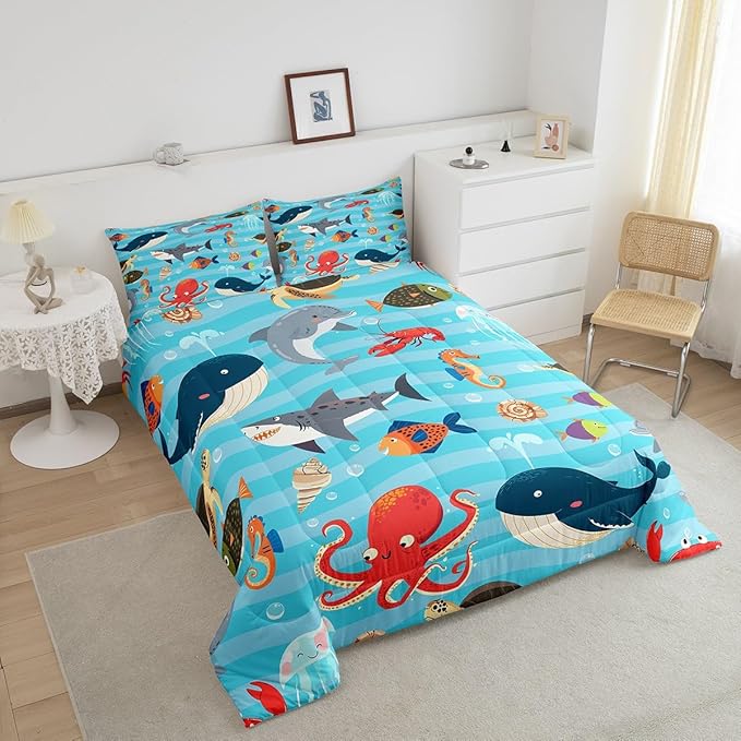Kids Cartoon Ocean Comforter,Whale Shark Dolphin Comforter Set Full Size,Lovely Under Sea Animal Bedding Set All Seasons,Blue Sea Wave Bedroom Down Duvet,1 Comforter&2 Pillowcase