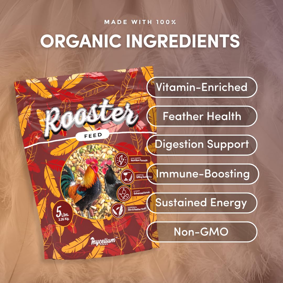 Mycelium Organic Rooster Feed (5 LB Bag) | High-Protein Chicken Feed for Energy, Feather Health & Daily Performance | Balanced Poultry Blend with Grains, Legumes & Fish Meal | Non-GMO, Made in USA