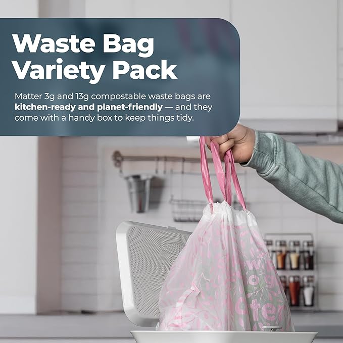 Matter Compostable Variety Pack 3 Gallon and 13 Gallon Kitchen Trash Bags with Drawstring, Unscented, Durable, Leak-Resistant, Eco-Friendly, 70 Count
