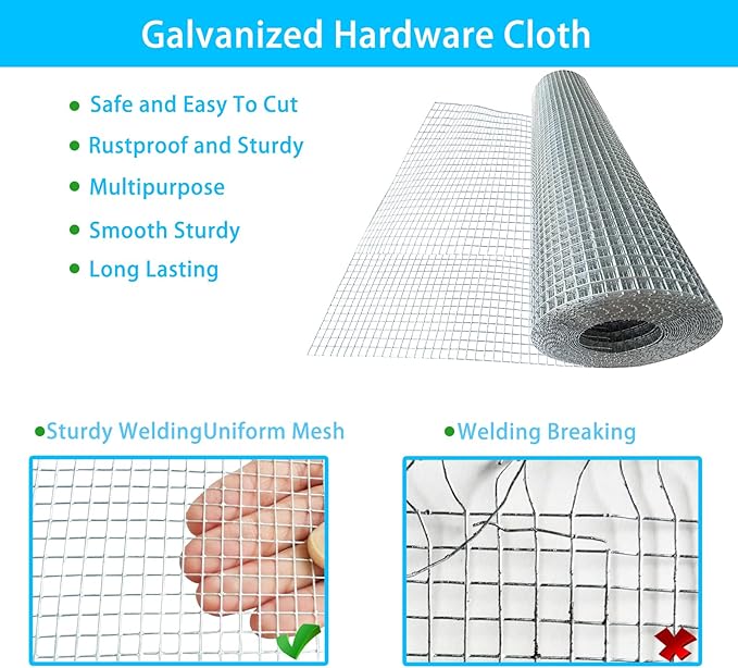 GARDEN & HOME Hardware Cloth 1/4 Inch 16in X 20ft,23 Gauge Hot Dip Galvanized After Welded Cage Mesh Roll Square Chicken Wire Netting Rabbit Fence Snake Fencing Rodent Animals Weasel Raccoons