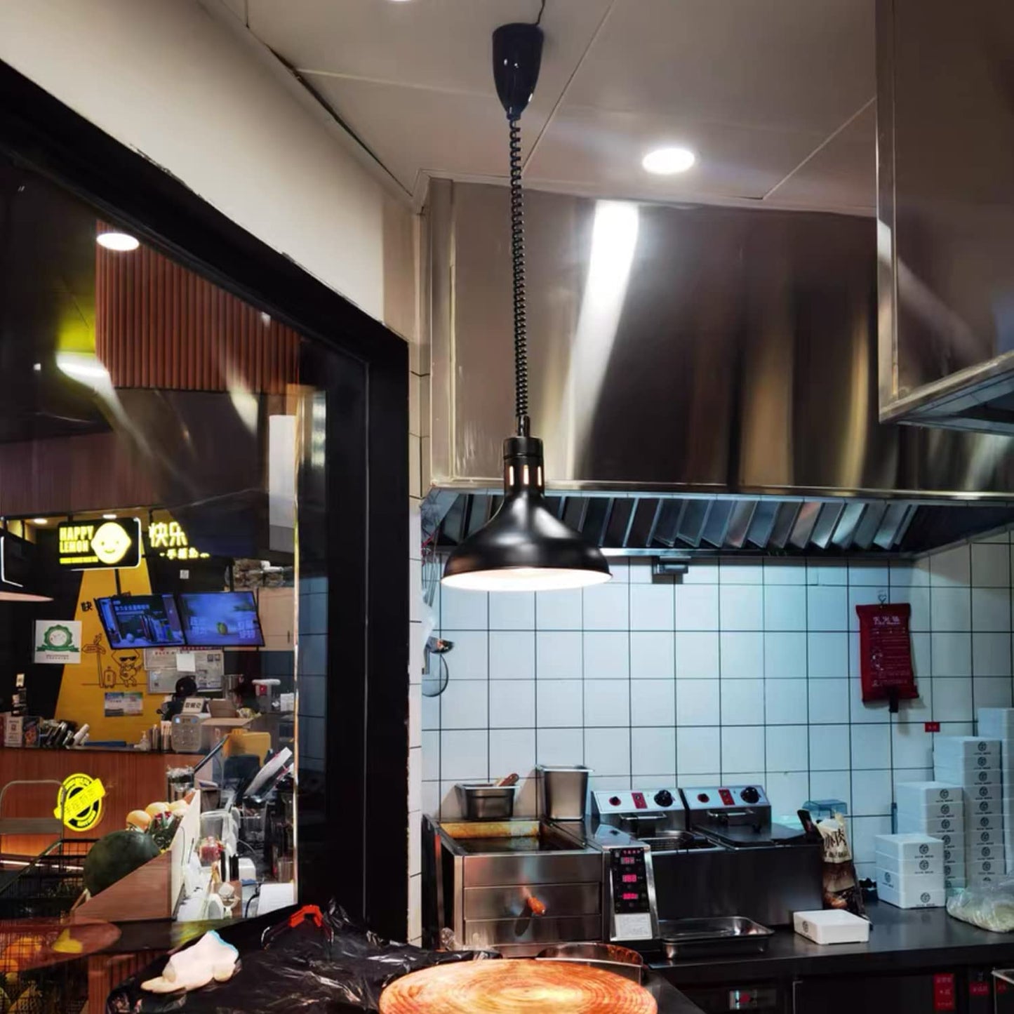 Generic Hanging Food Heat Lamp with Infrared Bulb Warming Lamps Retractable Style (Black, Dia 29cm)
