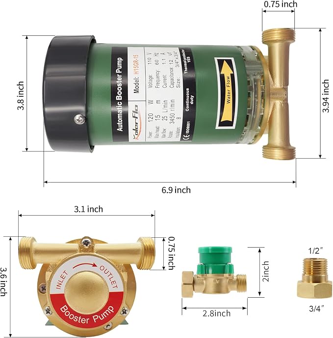120W Water Pressure Booster Pump 115VAC,396 GPH,21.7 PSI Household Automatic Home Booster Pump with Water Flow Switch for Home Kitchen Bathroom Irrigation(H15GR-15)
