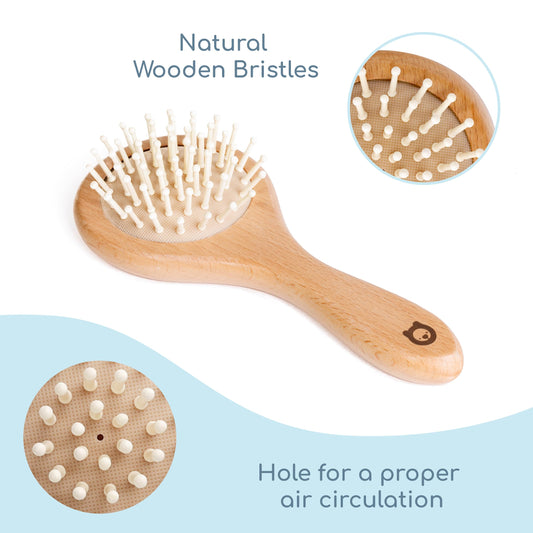 ROMY RO 3 Piece Wooden Hair Brush Set for Newborns & Toddlers - Ultra Soft Natural Goat Hair and Wood Brushes in Chic Gift Box