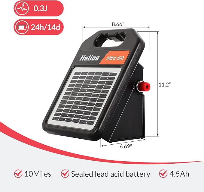 MINI400 20 Miles Solar Electric Fence Charger with Day/Night Mode 0.3J Output Energy Electric Fence Energizer