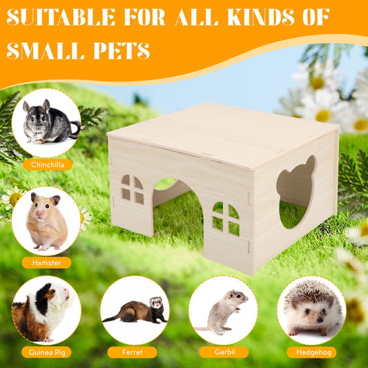 Guinea Pig Hideout Wooden House, Hamster House, Chinchilla Castle and Guinea Pig Hut with Windows, Small Animal Houses and Habitats for Hedgehogs, Rats, Ferret, Gerbils