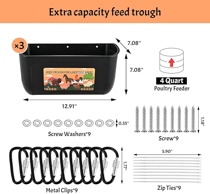 Hanging Chicken Feeder with Clips, 3 Pack Chicken Feeder & Waterer 4 Quart, Fence Duck Goose Goat Pig Feeder, Poultry Feeding Container, Water Trough for Livestock, Plastic Feeder Trough Bucket