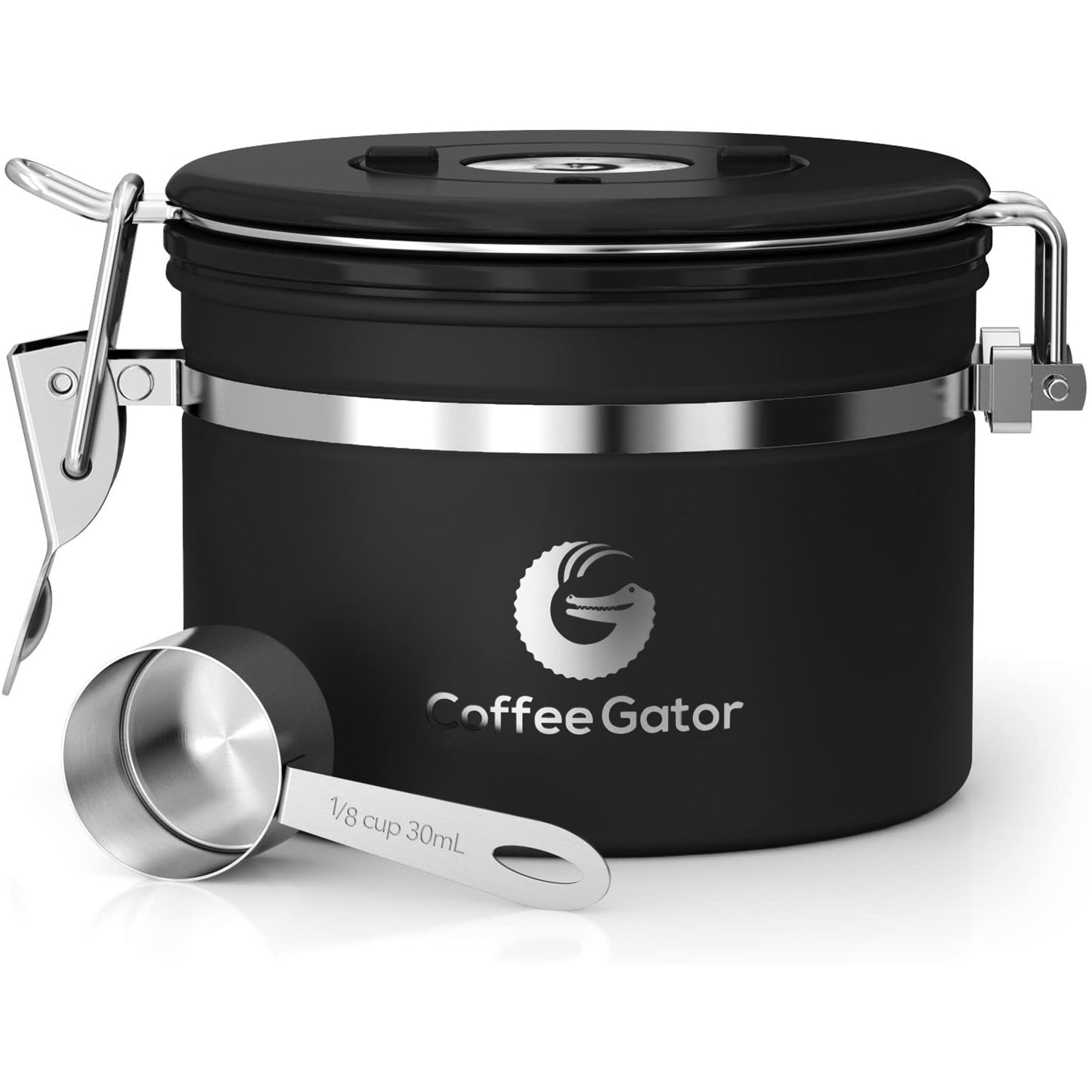 Coffee Gator Coffee Canister, 11oz Airtight Stainless Steel Kitchen Food Storage Container with Date Tracker, CO2-Release Valve and Scoop for Sugar, Beans, Tea, Sugar, Cereal, Cookies Jars - Black