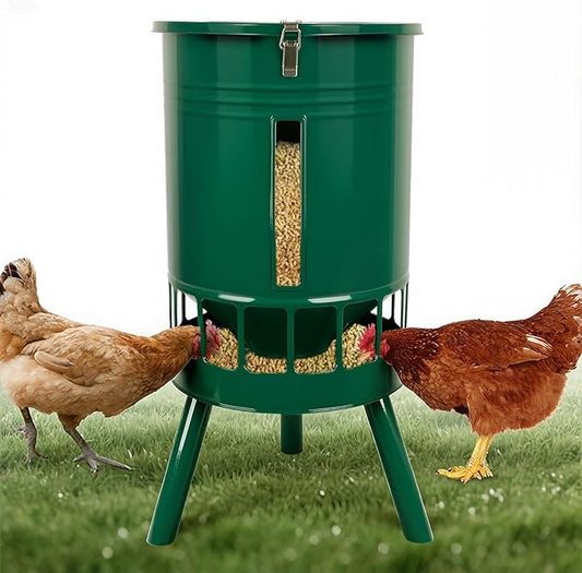 KOL Metal Chicken Feeder No Waste - 50lbs Poultry Feeder with 16 Ports, Powder Coated Rust-Proof Design & Smooth Edges for Safe Feeding (Green)