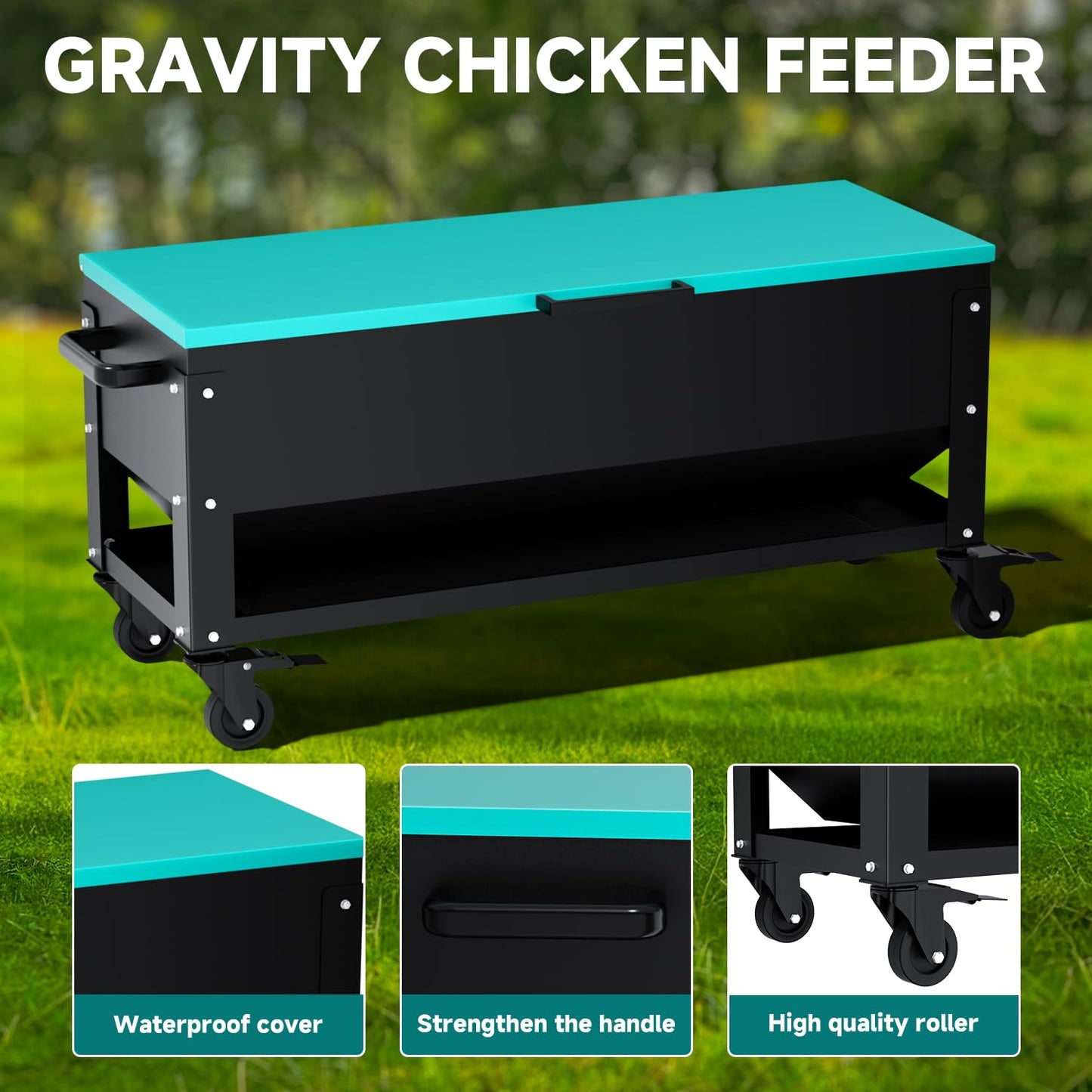 Heavy Duty Chicken Feeder 120 lbs Large Capacity, Metal Automatic Poultry Feeding Box with Waterproof Lid, Raised Standing Feeder with Wheels for Hens & Roosters, Portable & Easy to Move