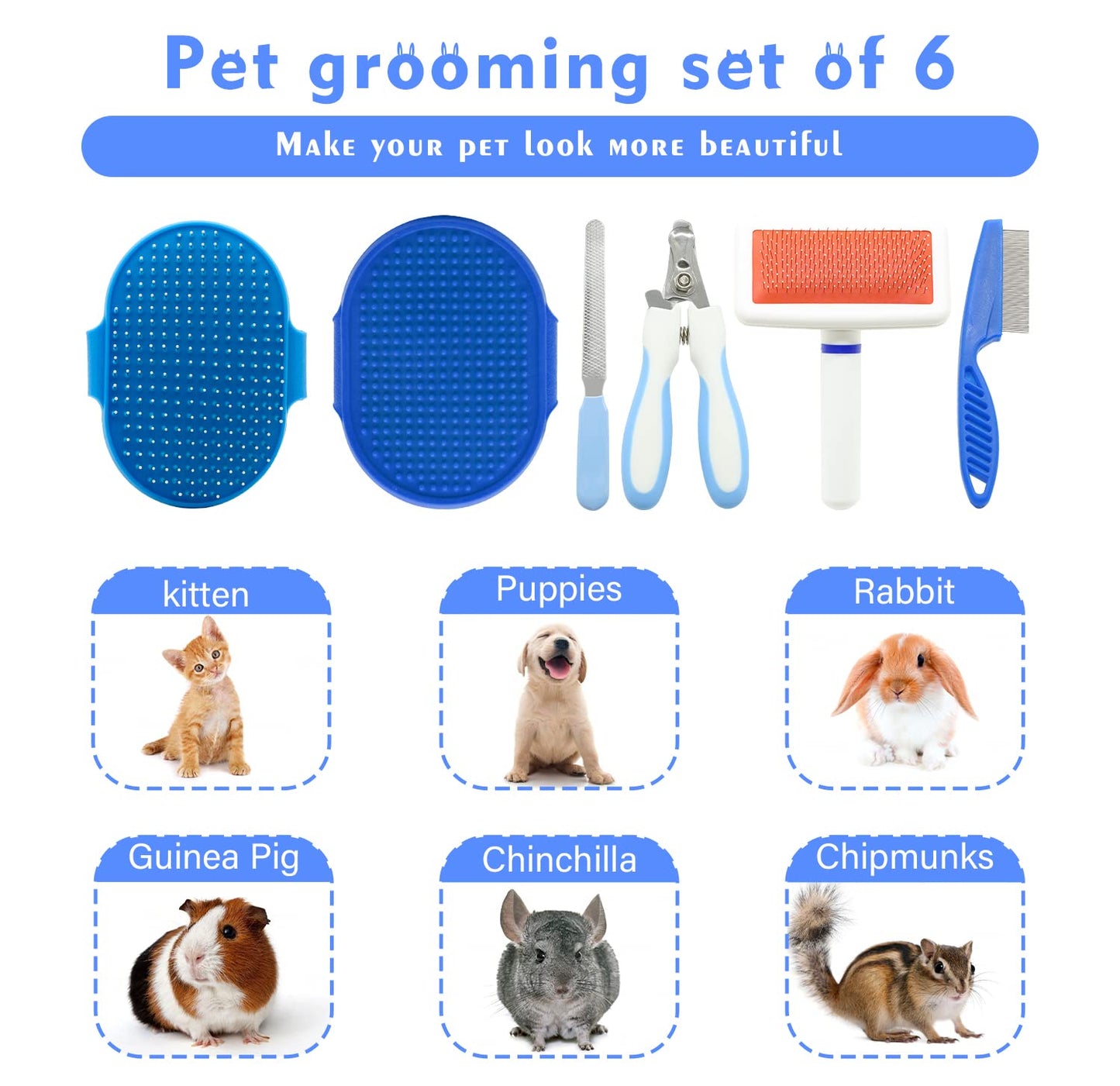 Pet Grooming Kit with Slicker Brush Bath Massage Glove Brush Pet Shedding Comb Nail Clipper Trimmer 6 Piece Set for Rabbit Kitten Guinea Pig Cat Chinchilla Ferret Small Animals