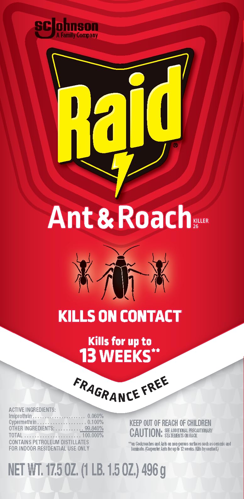 Raid Ant & Roach Killer 26, Fragrance Free Bug Killer for Home Use, Kills Bugs on Contact, 17.5 Oz, 2 Count