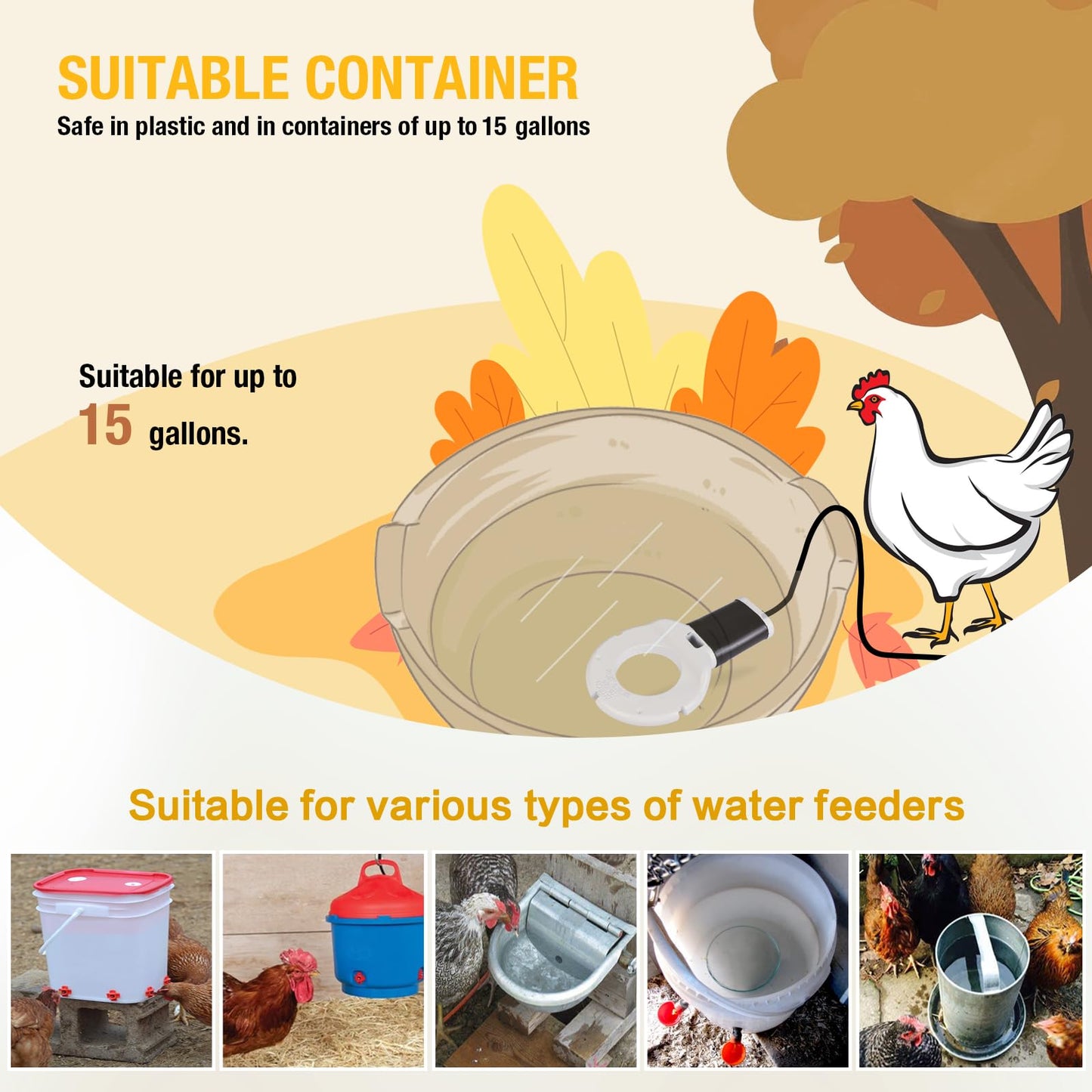comincia 150W Heated Chicken Waterer, Chicken Water Heater for Poultry Waterer Winter, Cast Aluminum Submersible Deicer,Heated Bird Bath with Thermostat for Duck Goose Cow Livestock