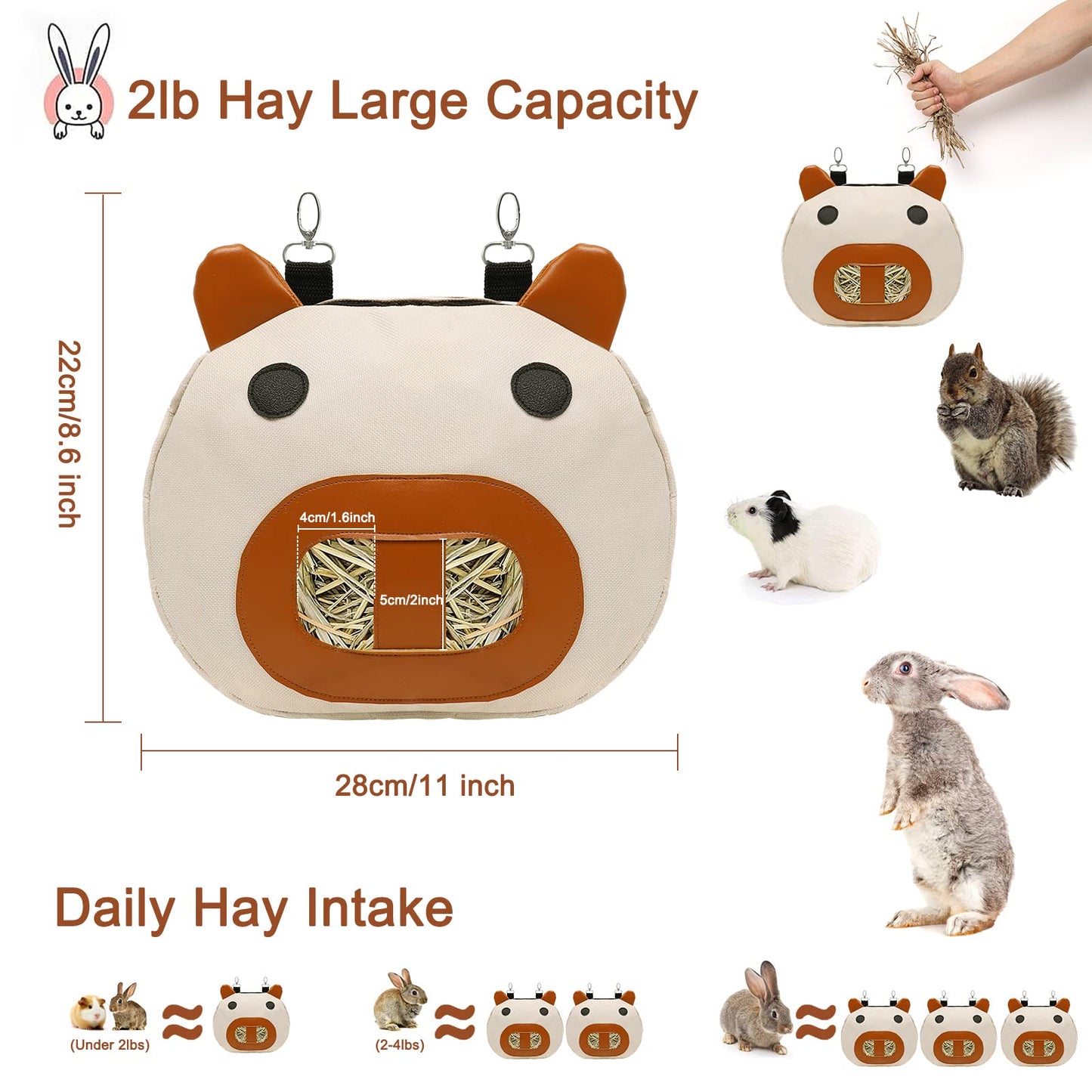 Zhilishu Rabbit Hay Feeder Bag, Hay Feeder for Guinea Pig Timothy Hay Feeder Dispenser Storage with 2 Hanging Hooks for Bunny Small Animal Cage Mess Free (Brown)