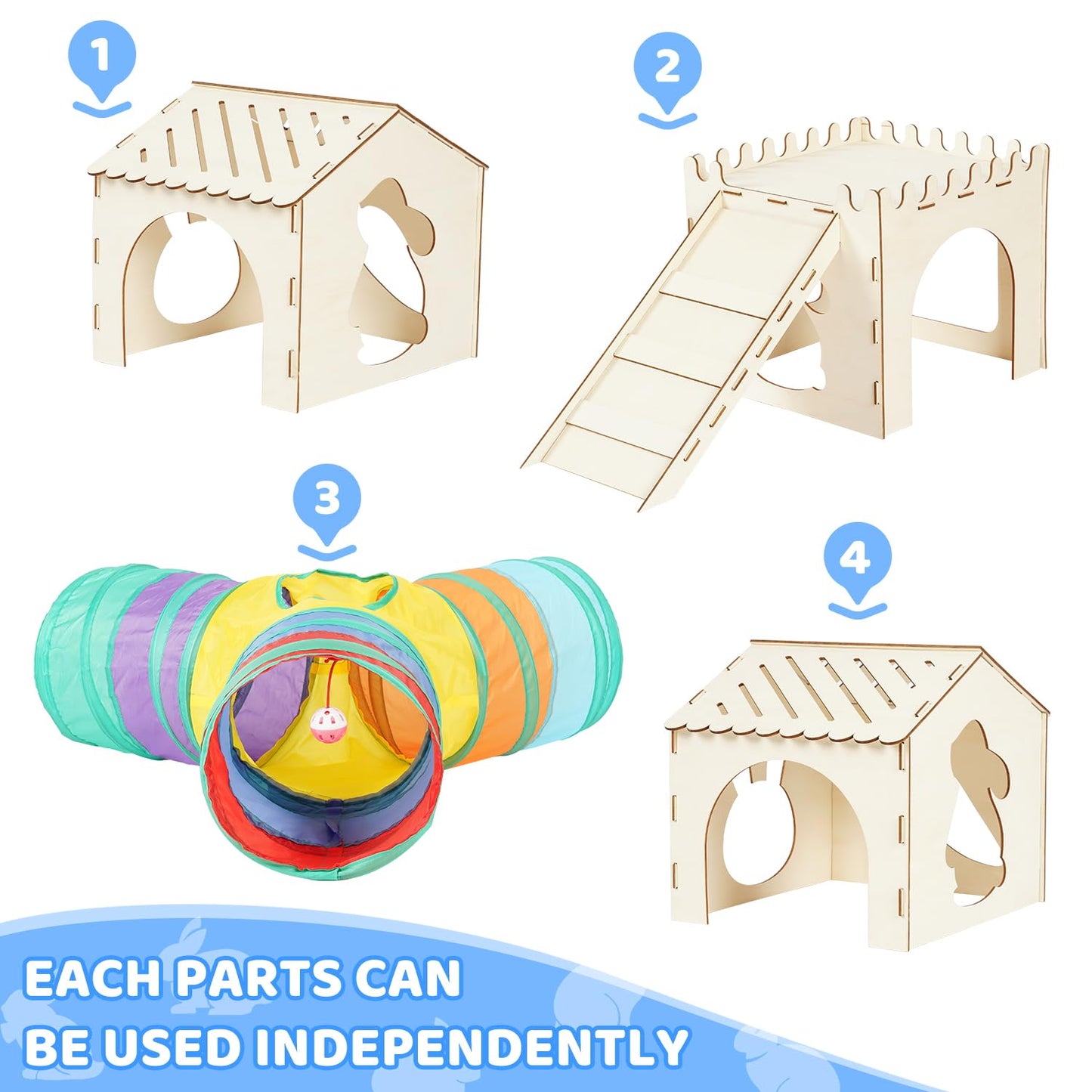 Extra Large Sturdy Rabbit Hideout with 3 Way Tunnels, Wooden Bunny Castle with Stairs, Rabbit Hideout Castle Tower Toys for Indoor Outdoor Play