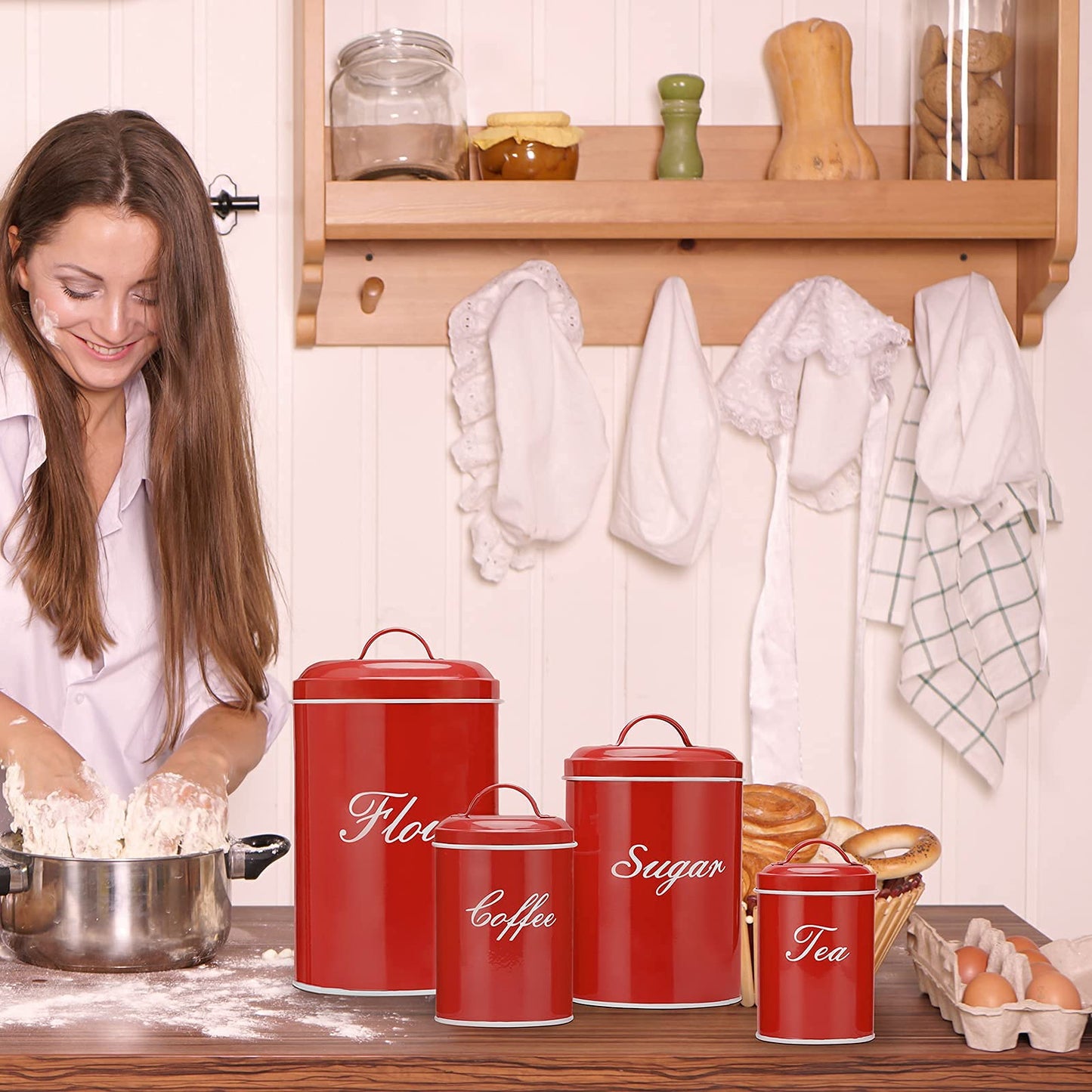 Deppon Canister Sets for Kitchen Counter, Flour and Coffee Containers, Vintage Farmhouse Design Food Storage Container with A Removable Lid, 4 Pack (Red)