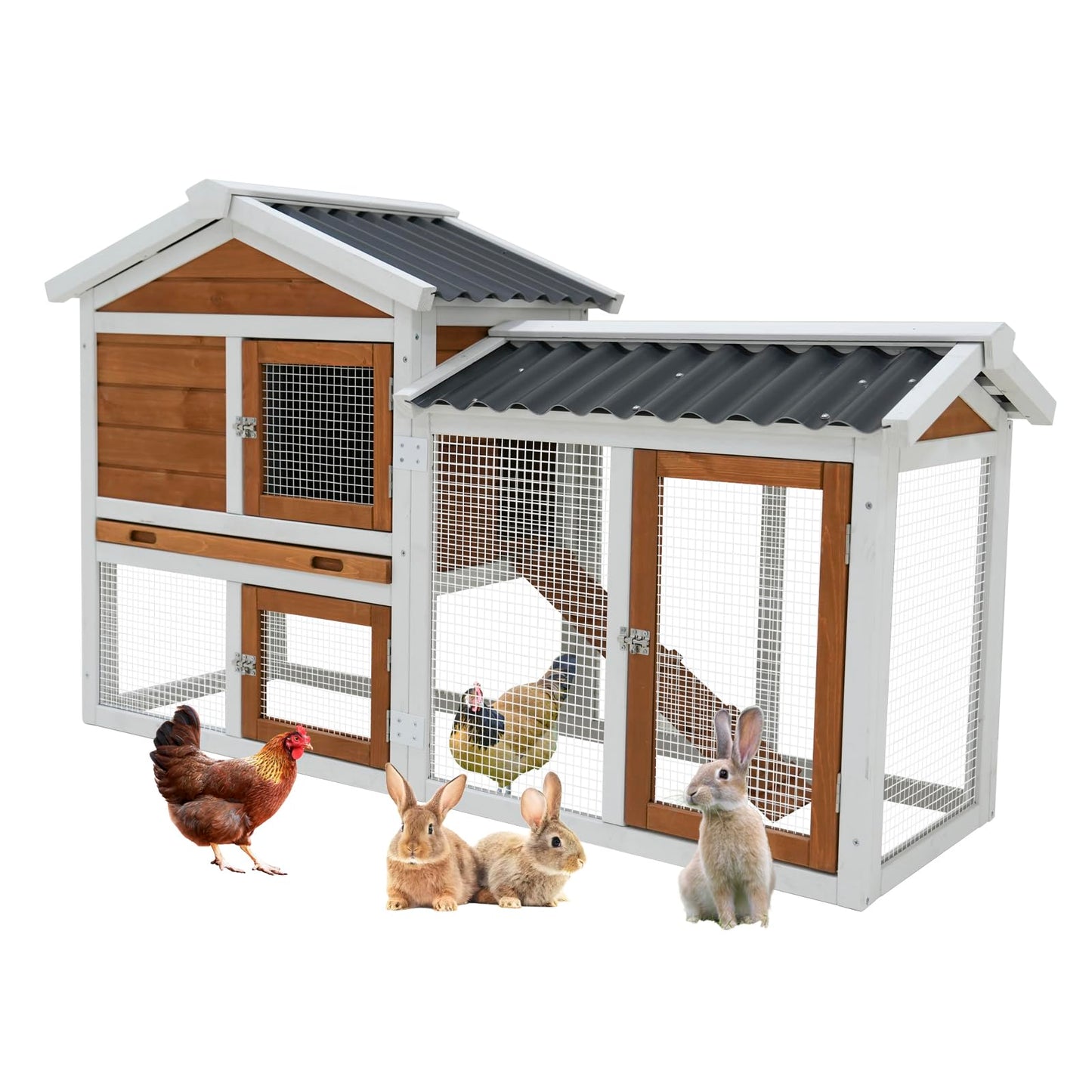 YOPTO 58" Rabbit Cage W/Ramp,Waterproof Rabbit Hutch W/Removable Tray,Wooden Bunny Cage Indoor W/Three Doors & Sloped Roof,Poultry Cage for Small to Medium Pets,Orange-Yellow+White
