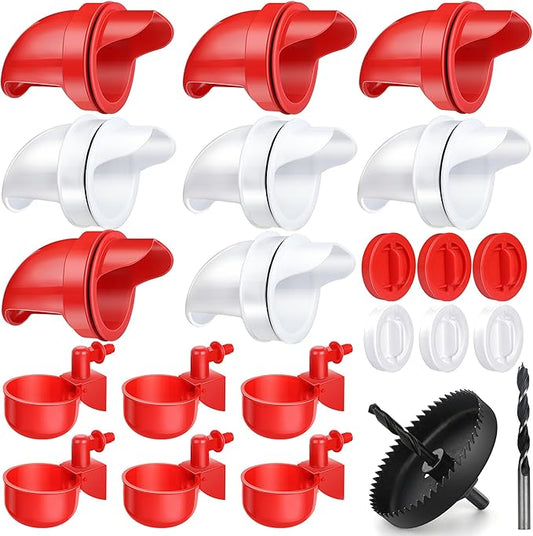 14 Pcs Chicken Feeder and Waterer Kit - No Waste Automatic Poultry Feeder Ports Water Cups with Hole Saw - DIY Gravity Feeder for Buckets Barrels Bins - Fit Chickens Ducks Birds Quail