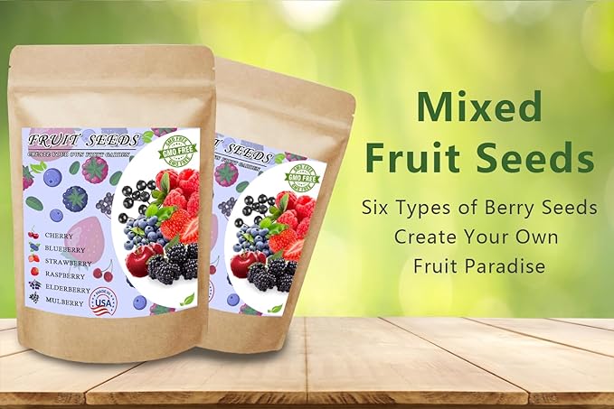 Mix Fruit Seeds 1100+ Berry Seeds for Planting Strawberry Raspberry Mulberry Blueberry Elderberry Cherry - 6 Varieties Individually Packaged Non-GMO for Home Garden